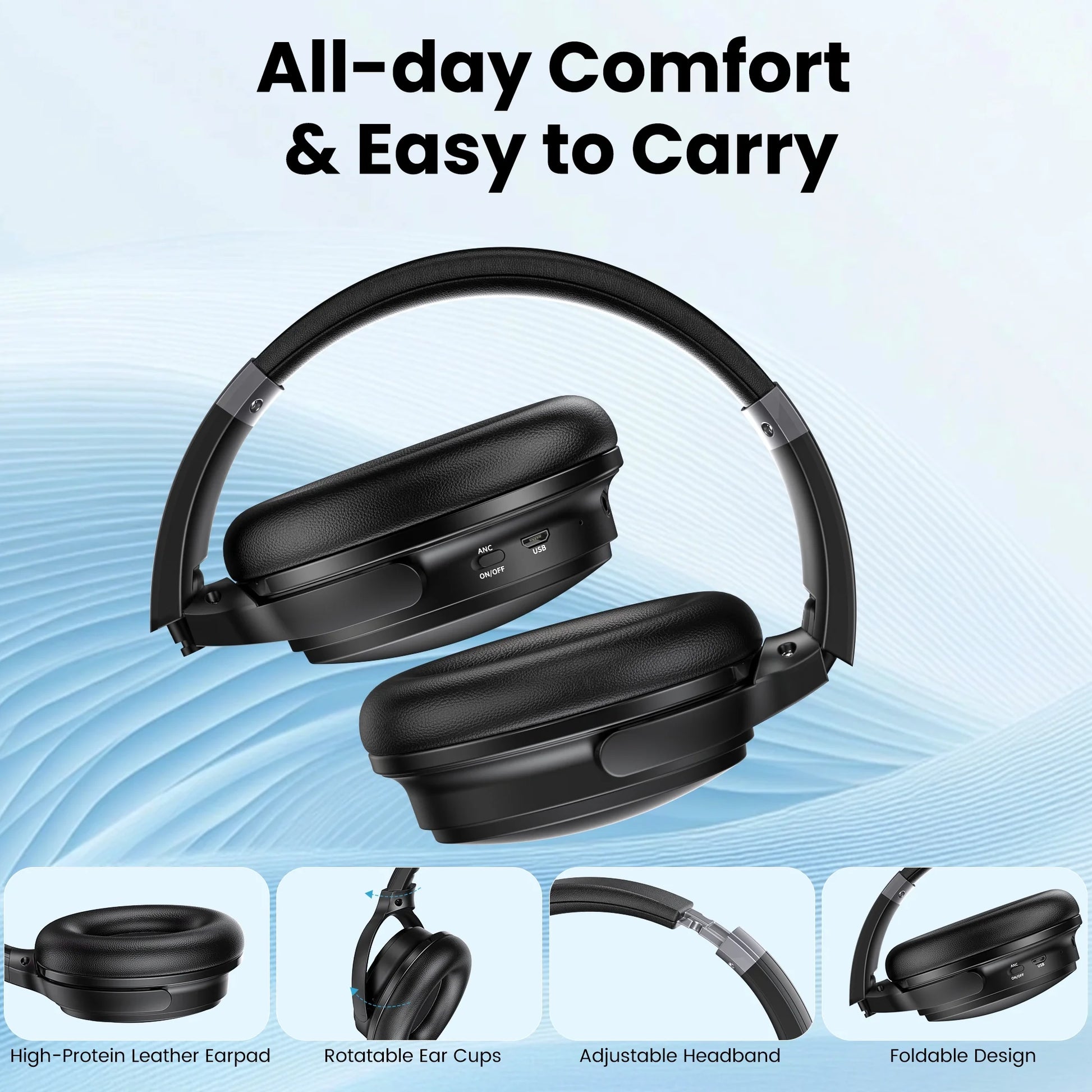 Noise Cancelling Headphones, Wireless Bluetooth over Ear Headphones with Microphone, Black, Q8