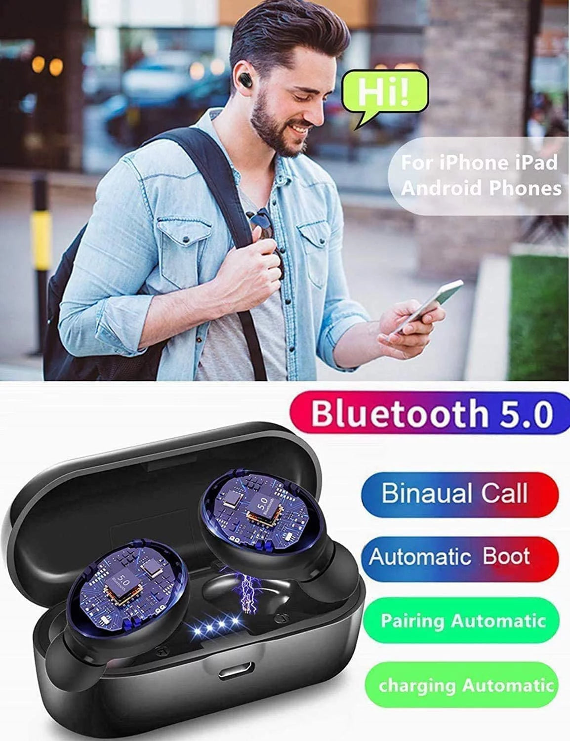 True Wireless Earbuds, TWS Stereo Waterproof Bluetooth Earphones with Charging Case, Built-In Mic for Iphone/Android